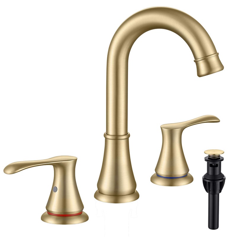 WiPPhs Bathroom Faucet for Sink 3 Hole with Pop Up Drain and cUPC Faucets Supply Hose 2 Handle 8 inch Brass Widespread Bathroom Sink Faucet Brushed Gold Basin Faucet Taps Mixer