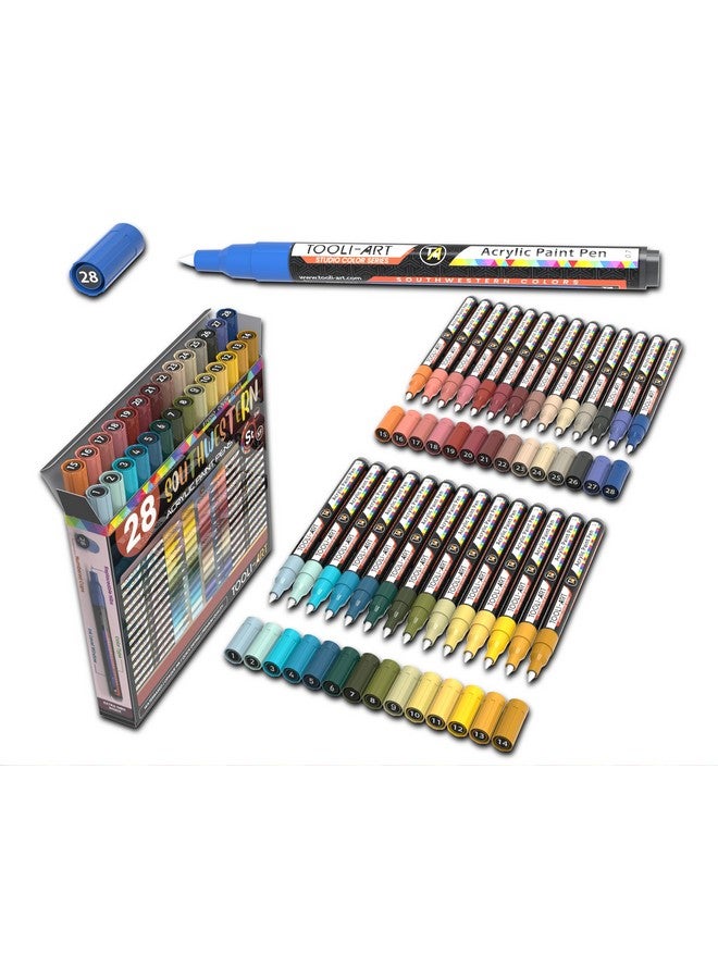 TOOLI-ART 28 Southwestern Colors Acrylic Paint Pens Studio Color Series Markers Set 0.7mm Extra Fine Tip, Rock Painting, Glass, Mugs, Wood, Metal, Canvas, DIY, Detailing. Non Toxic, Waterbased, Quick Drying - Image 1