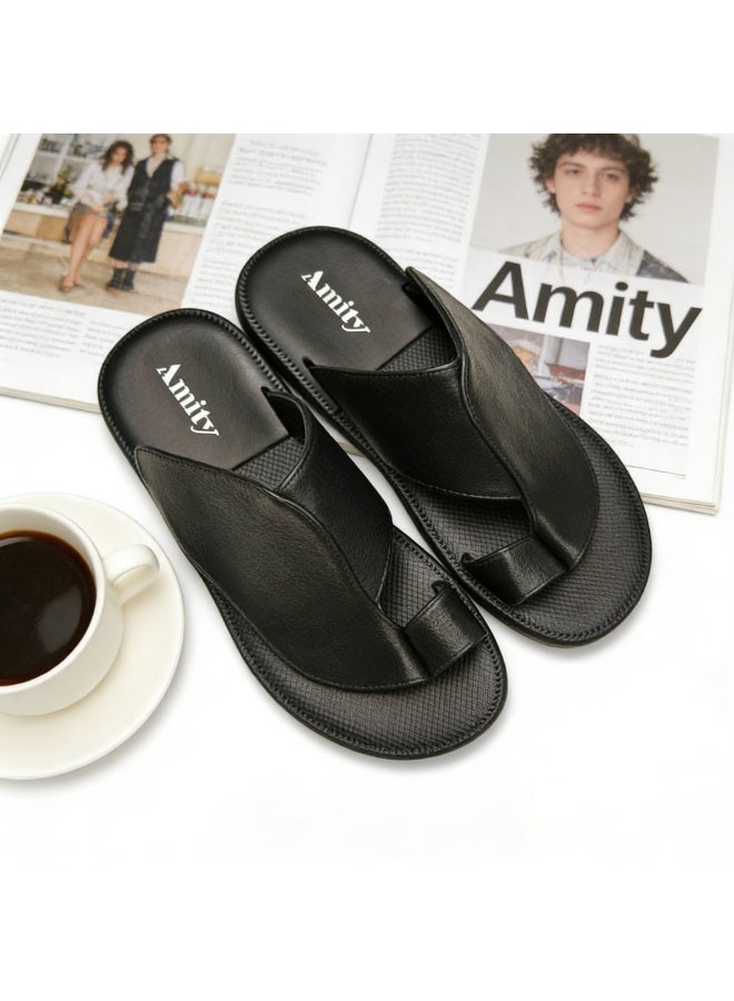 Men Black Toe Ring Slide Sandals, Plain Crossover Strap Flat Casual Slippers, Soft Anti-Slip Lightweight Summer Slides for Indoor Outdoor Daily Wear - Image 1