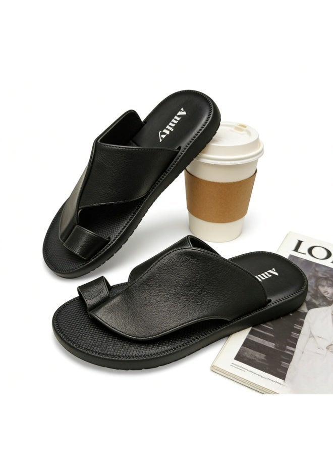 Men Black Toe Ring Slide Sandals, Plain Crossover Strap Flat Casual Slippers, Soft Anti-Slip Lightweight Summer Slides for Indoor Outdoor Daily Wear - Image 5