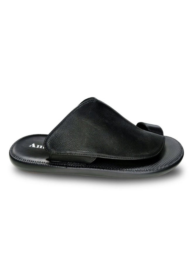 Men Black Toe Ring Slide Sandals, Plain Crossover Strap Flat Casual Slippers, Soft Anti-Slip Lightweight Summer Slides for Indoor Outdoor Daily Wear - Image 2