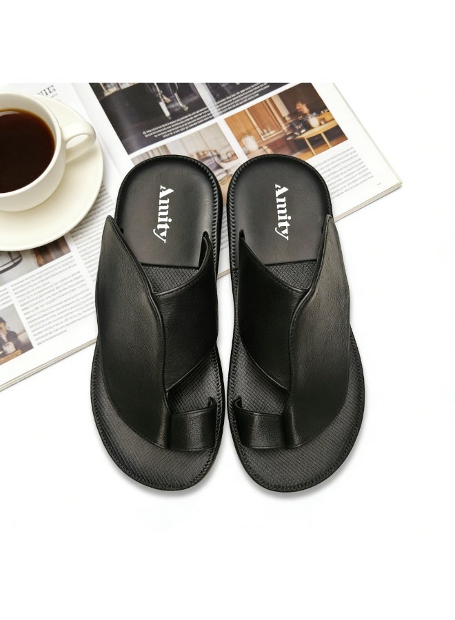 Men Black Toe Ring Slide Sandals, Plain Crossover Strap Flat Casual Slippers, Soft Anti-Slip Lightweight Summer Slides for Indoor Outdoor Daily Wear - Image 4