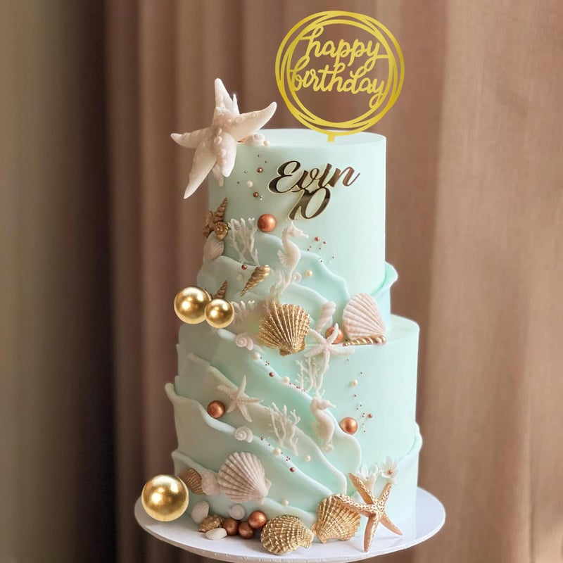 DRWATE Starfish Conch Cake Toppers Seahorse Shell Coral Cake Decorations with Golden Ball for Shell Starfish Beach Themed Ocean Summer Birthday Supplies (Style 01) - Image 1