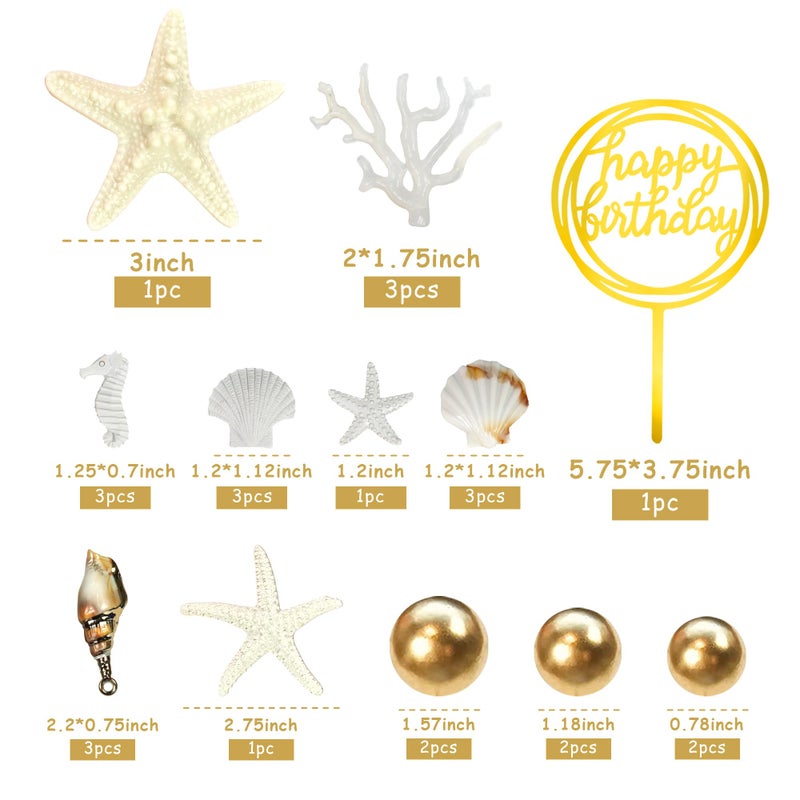 DRWATE Starfish Conch Cake Toppers Seahorse Shell Coral Cake Decorations with Golden Ball for Shell Starfish Beach Themed Ocean Summer Birthday Supplies (Style 01) - Image 2