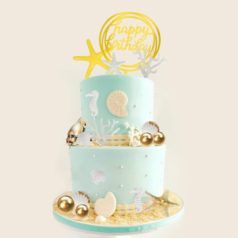 DRWATE Starfish Conch Cake Toppers Seahorse Shell Coral Cake Decorations with Golden Ball for Shell Starfish Beach Themed Ocean Summer Birthday Supplies (Style 01) - Image 5