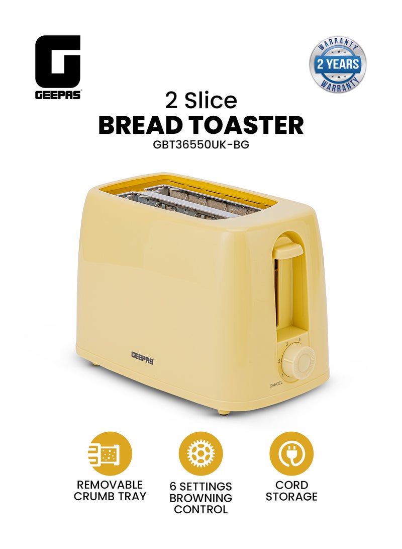 Geepas 2 Slice Bread Toaster 650W, 6 Browning Levels, Cancel Function, Removable Crumb Tray, Cord Storage, Compact Pop Up Electric Toaster,GBT36550UK-BG Beige 650 W GBT36550UK-BG Beige - Image 1