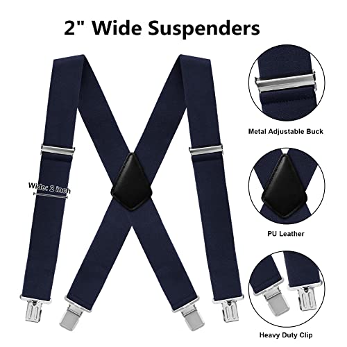 Fasker Mens Suspenders X-Back 2" Wide Adjustable Solid Straight Clip Suspenders,Navy,One Size - Image 4
