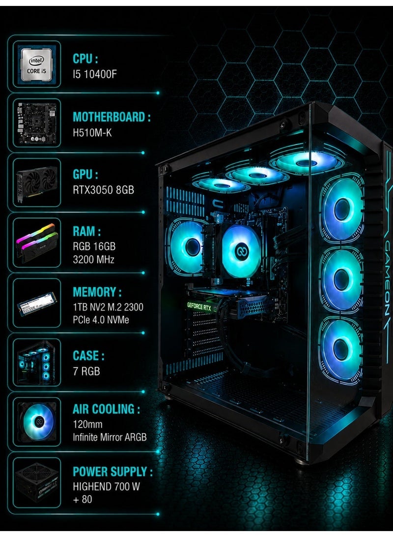 بي سي العاب كمبيوتر قيمنق تجميعة احترافية – وبطاقة رسومات  جيفورس  RTX3050 8 جيجا  - معالج i5 10400F – لوحة الأم H510M-K Gaming –سبعة مرواح – ذاكرة رام 16 جيجا بايت 3200 ميجابايت RGB وذاكرة تخزين 1 تيرا m.2 بسسرعة 2300 ميغا بايت  و واي فاي مع نظام تشغيل ويندوز 11 برو - Image 2