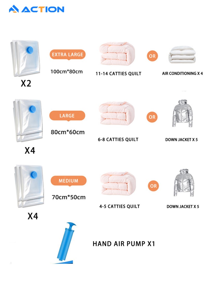 ACTION 10 Pack  Vacuum Storage Bags with Hand Air Pump for Comforters, Blankets & Clothes – Vacuum Sealed Compression Bags with Hand Pump – Space Saver Storage Bags for Bedding, Moving, Travel & Organization. (2 Pcs 100x80cm), (4 Pcs 80x60cm), (4 Pcs 70x50cm) - Image 2