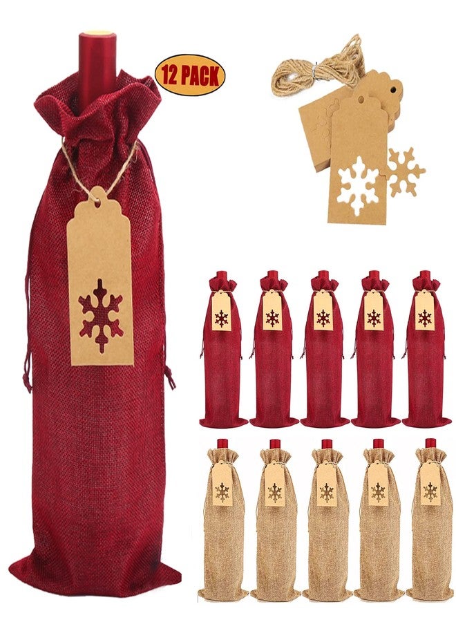 DERAYEE Burlap Wine Gift Bags, 12Pcs Christmas Jute Wine Bottle Bags with Drawstrings, Reusable with Tags for Party - Image 1