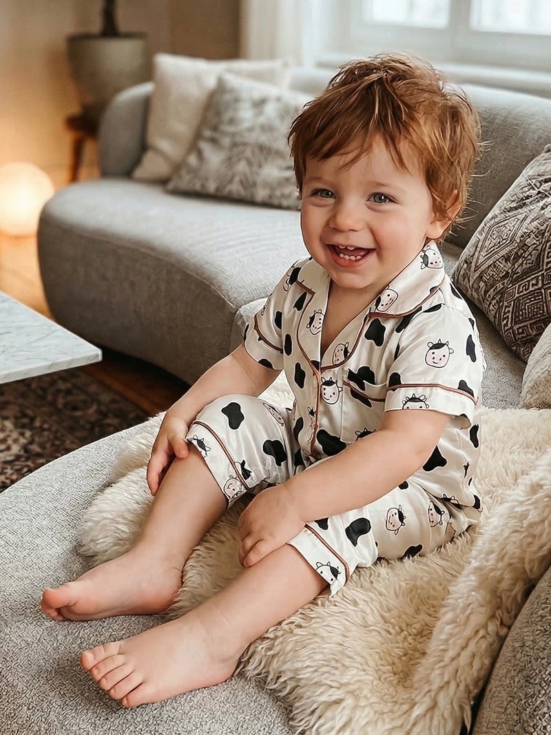 Baby Boys Girls Summer Pajamas Adorable Cow Print Short Sleeve Turn Down Collar Button Down Jumpsuit - Image 5