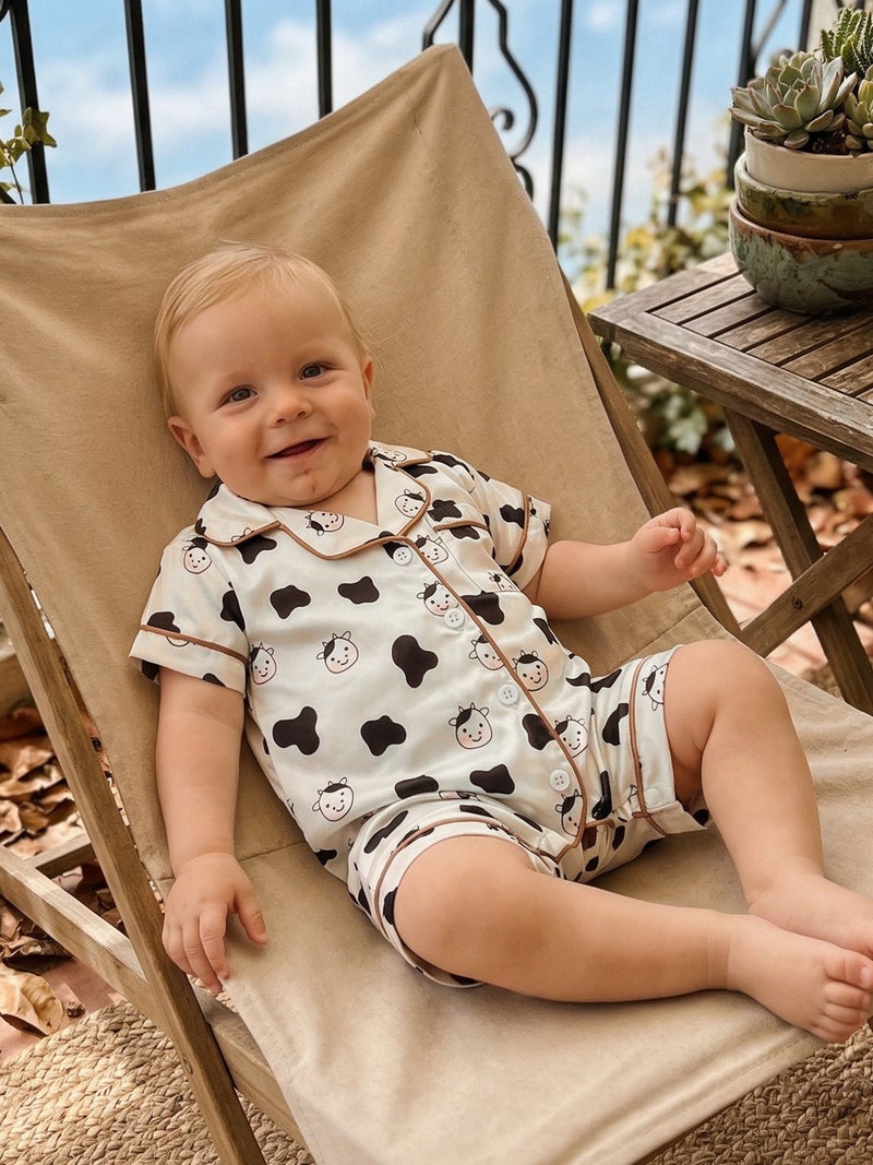 Baby Boys Girls Summer Pajamas Adorable Cow Print Short Sleeve Turn Down Collar Button Down Jumpsuit - Image 3