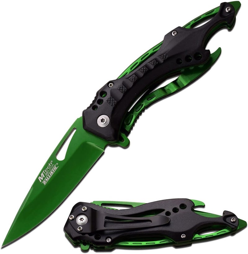MTECH USA Folding Knife, 3.75-Inch Half-Serrated Blade, Titanium Coating, Glass Breaker, Pocket Clip - Image 1