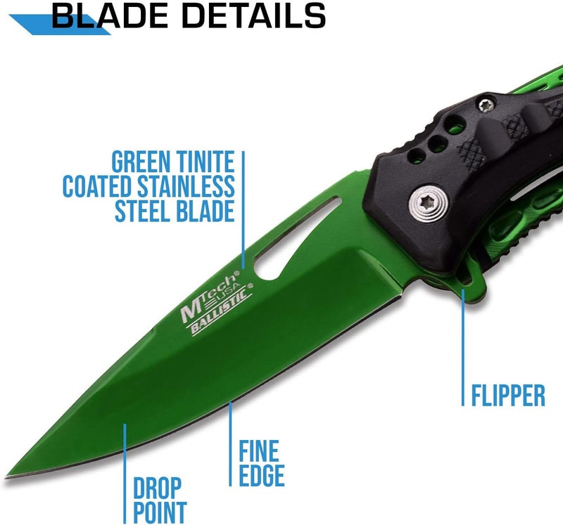 MTECH USA Folding Knife, 3.75-Inch Half-Serrated Blade, Titanium Coating, Glass Breaker, Pocket Clip - Image 3