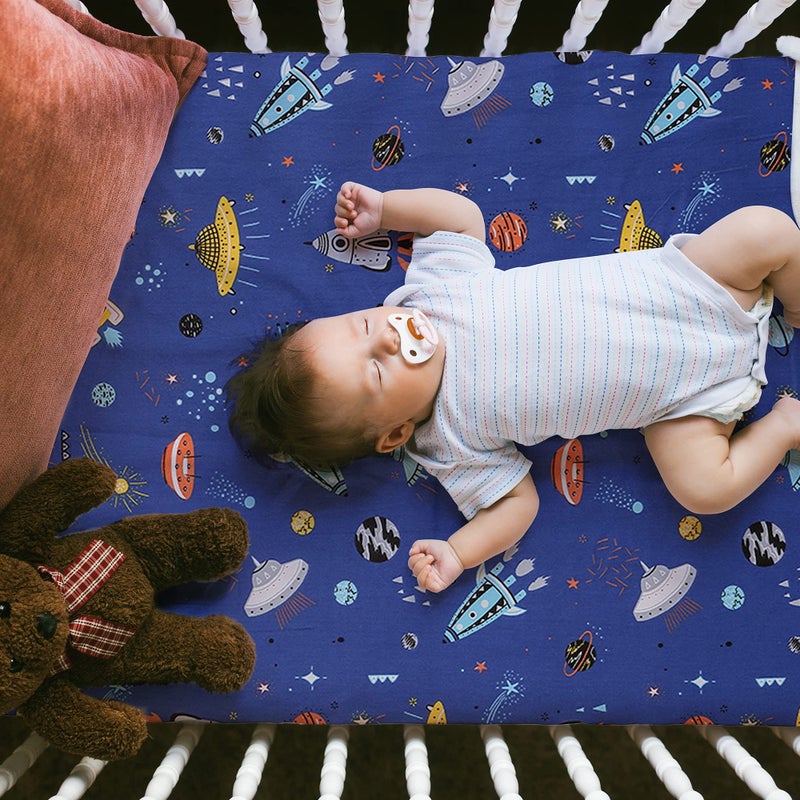 UOMNY Astronaut Space Galaxy Baby Crib Sheet - Fitted Toddler Sheet Polyester Baby Sheet for Standard Crib and Toddler mattresses Nursery Bedding Sheet Crib Mattress Sheets for Boys 1 Pack - by UOMNY - Image 3