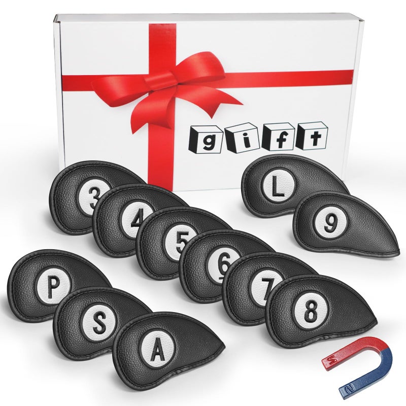 FINGER TEN أغطية مضرب الجولف FINGER TEN للحديد قيمة مغناطيسية 11 حزمة، مجموعة أغطية رأس جلد صناعي فاخرة تناسب مضارب الحديد الرئيسية (أسود) - Image 1