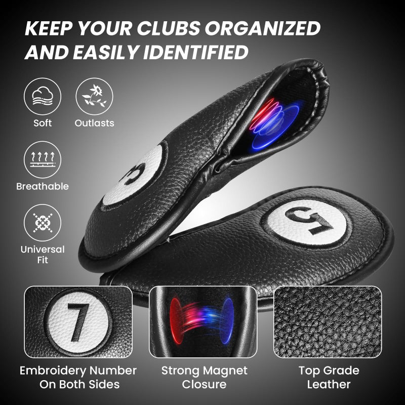 FINGER TEN أغطية مضرب الجولف FINGER TEN للحديد قيمة مغناطيسية 11 حزمة، مجموعة أغطية رأس جلد صناعي فاخرة تناسب مضارب الحديد الرئيسية (أسود) - Image 3