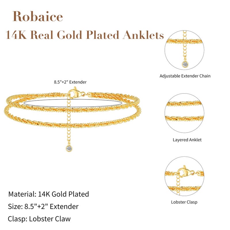 Robaice Ankle Bracelets for Women, Glitter Waterproof Adjustable Ankle Chain for Women, 14K Gold Plated Layered Anklets, Summer Beach Anklet Jewelry for Women Gift - Image 5