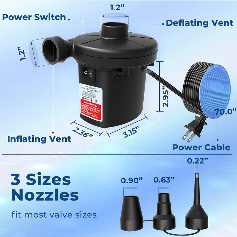 MAXEVER Quick-Fill Electric Air Pump with 3 Nozzles, AC 110V-120V Portable Inflator Deflator for Inflatables Pool Float Toys Air Mattress Bed Couch Swim Ring Tube Raft - Image 4