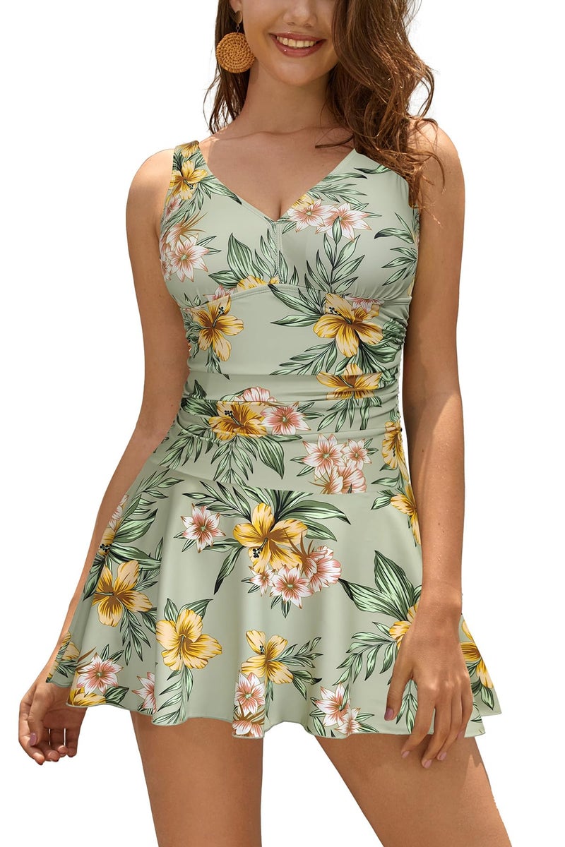 SHEKINI Women's V Neck One Piece Skirt Swimsuit Ruched Retro Swimdress Bathing Suit (Light Green - Flower, Large) - Image 5