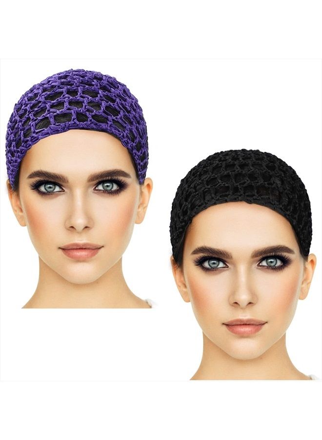 Etercycle 2 Pieces Mesh Crochet Hair Net Snoods, Soft Rayon Knit Crochet Hairnet Hair Cover Accessory Crocheted Sleep Cap for Women (Black, Purple) - Image 1
