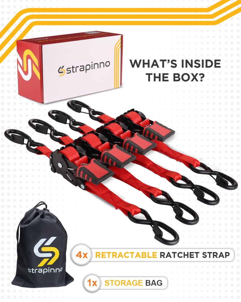 Strapinno حزمة أشرطة سقاطة قابلة للسحب مكونة من 4 قطع من Strapinno بطول 1 بوصة × 6 أقدام مع مقبض فولاذي مطلي بالمطاط وخطاطيف S بقوة كسر 1500 رطل لكل منها (إبزيم مطلي باللون الأسود بحزام أحمر) - Image 4
