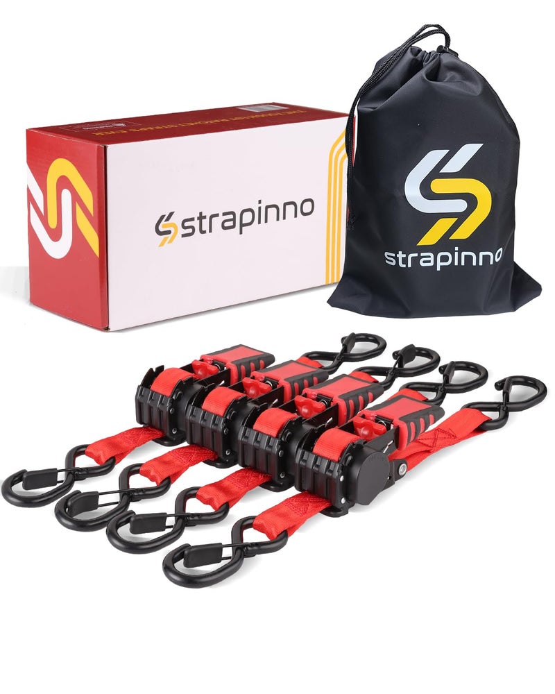 Strapinno حزمة أشرطة سقاطة قابلة للسحب مكونة من 4 قطع من Strapinno بطول 1 بوصة × 6 أقدام مع مقبض فولاذي مطلي بالمطاط وخطاطيف S بقوة كسر 1500 رطل لكل منها (إبزيم مطلي باللون الأسود بحزام أحمر) - Image 1