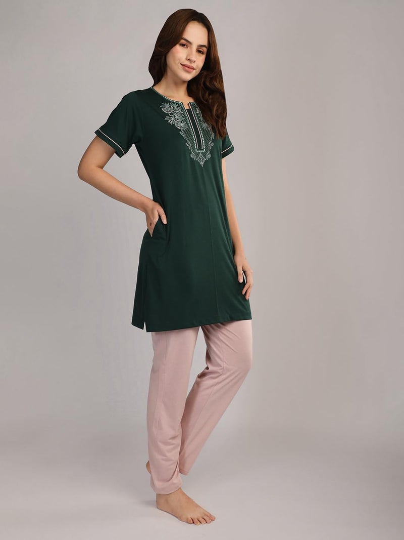 Duchess Women's Cotton Embroided Long Length Night Suit Set - Image 5