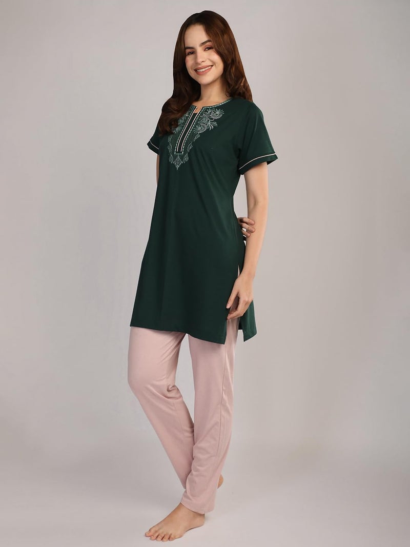 Duchess Women's Cotton Embroided Long Length Night Suit Set - Image 4