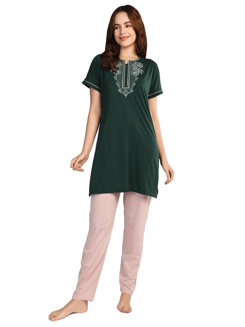 Duchess Women's Cotton Embroided Long Length Night Suit Set - Image 1