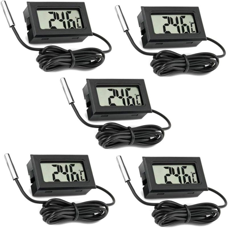 5 مقاييس حرارة رقمية LCD باللون الأسود بمسبار خارجي - مراقب درجة حرارة بالمئوية لسيارات وأحواض السمك والثلاجات والمجمدات وأحواض الأسماك ومستودعات الحيوانات الأليفة - Image 1