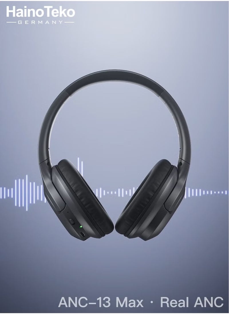 ANC-13 Max Wireless Bluetooth Headphones with Real Active Noise Cancellation, High-Resolution Audio, Multi-Functional Button Control, Comfortable Design for Extended Use - Black