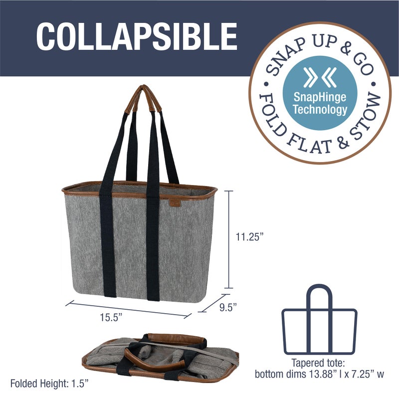 Clevermade CleverMade Collapsible LUXE Tote, Heather Gray/Black - 20L (5 Gal) Structured Tote Bag with Handles and Reinforced Bottom - Reusable Grocery Bag, Shopping Bag, Utility Tote Bag  - Image 2