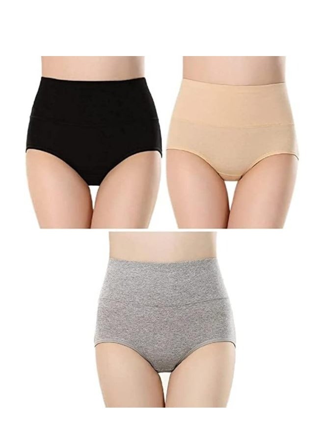 Glamroot Women's Cotton High Waist Full Coverage Tummy Control Panty (Pack Of 3), Black/Grey/Beige - Image 1