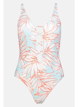 Women Padded One Piece All Over Printed Swimwear, White