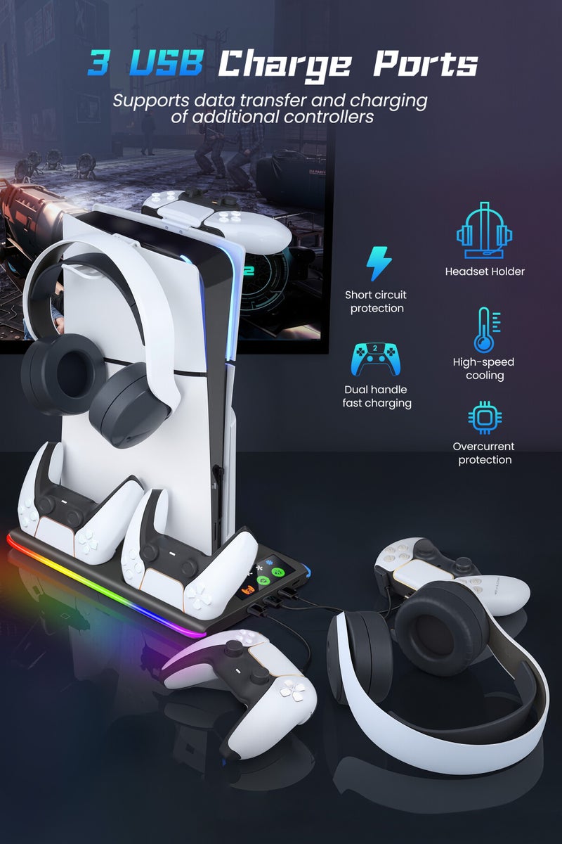 Xkimos PS5 Stand Cooling Station with Dual Controller Charger USB Hub Cooling Fan RGB LED Compatible with PS5 PS5 Slim PS5 Pro Black for Gaming Accessory Organizer - Image 4