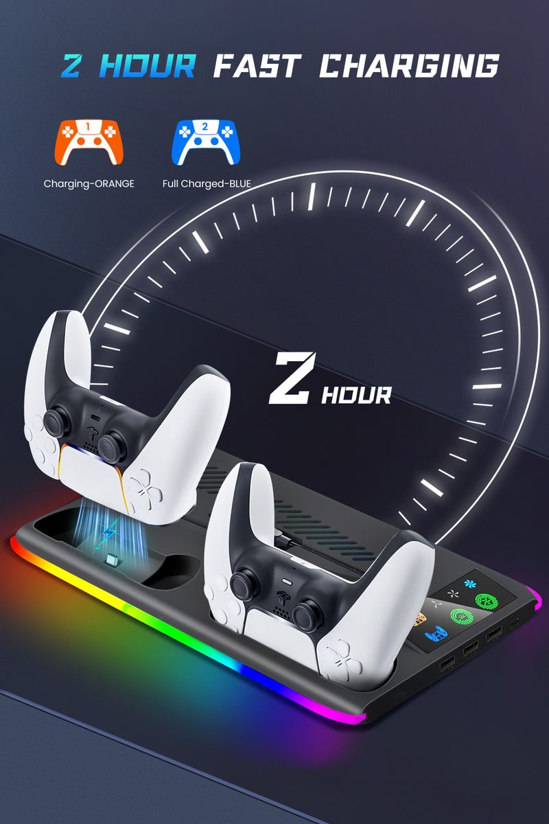 Xkimos PS5 Stand Cooling Station with Dual Controller Charger USB Hub Cooling Fan RGB LED Compatible with PS5 PS5 Slim PS5 Pro Black for Gaming Accessory Organizer - Image 3