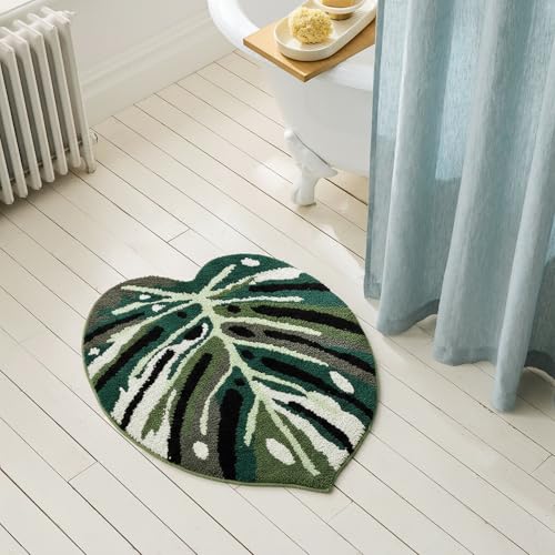 Snugtown Cute Absorbent Bath Mat for Bathroom, Non Slip Soft Green Leaf Shaped Bath Rug, 28” x 31” - Image 1