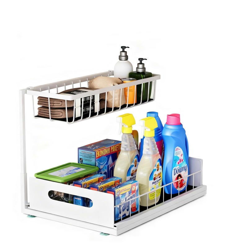 UINOFLE Under Sink Organizer 2 Tier Under Sink Organizers and Storage MultiPurpose Under Sink Storage for Bathroom Kitchen White