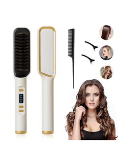 Arabest New Negative Ion Hair Straightener Styling Comb with 5 Temp, 2 in 1 Hair Straightener Brush and Curler, Portable Electric Straightening Comb Heated Hair Brush 10s Fast Heating Anti-Scald (White)  - Image 1
