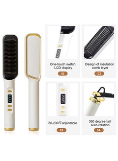 Arabest New Negative Ion Hair Straightener Styling Comb with 5 Temp, 2 in 1 Hair Straightener Brush and Curler, Portable Electric Straightening Comb Heated Hair Brush 10s Fast Heating Anti-Scald (White)  - Image 2