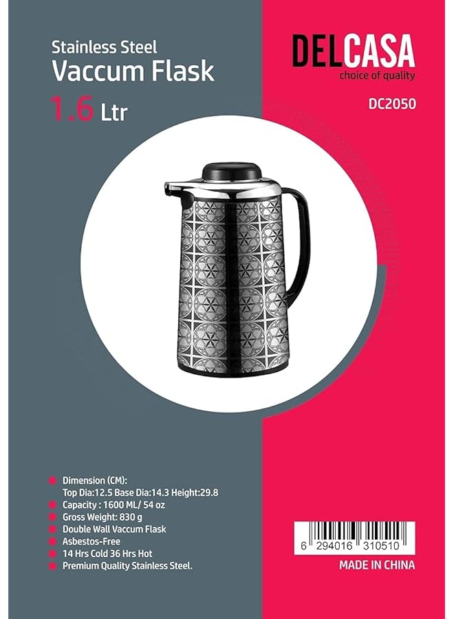 DELCASA 1.6L Silver Vacuum Flask Stainless Steel Keeping Hot Cold Long Hour Heat Cold Retention Multi Walled Hot Water Tea Beverage Ideal For Social Occasion And Outings - Image 1