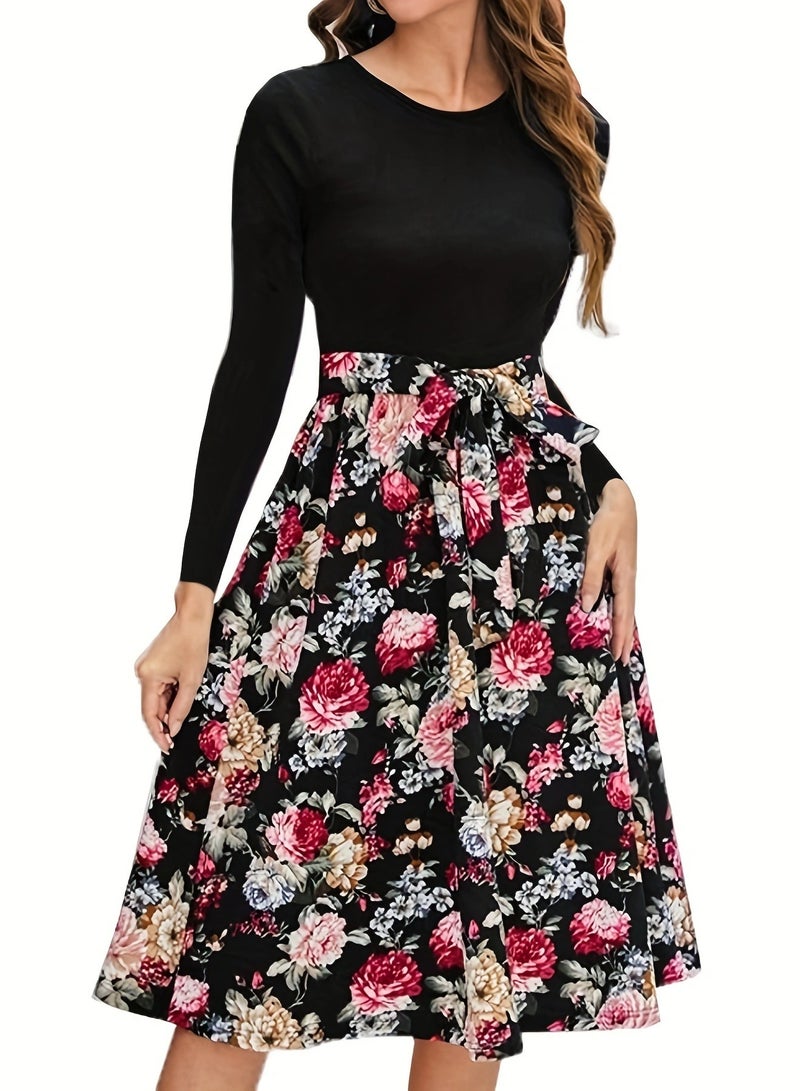 A.M Women's Elegant Long Sleeve Round Neck Printed Knee Length Casual Party Dress with Bow Waistband - Image 1