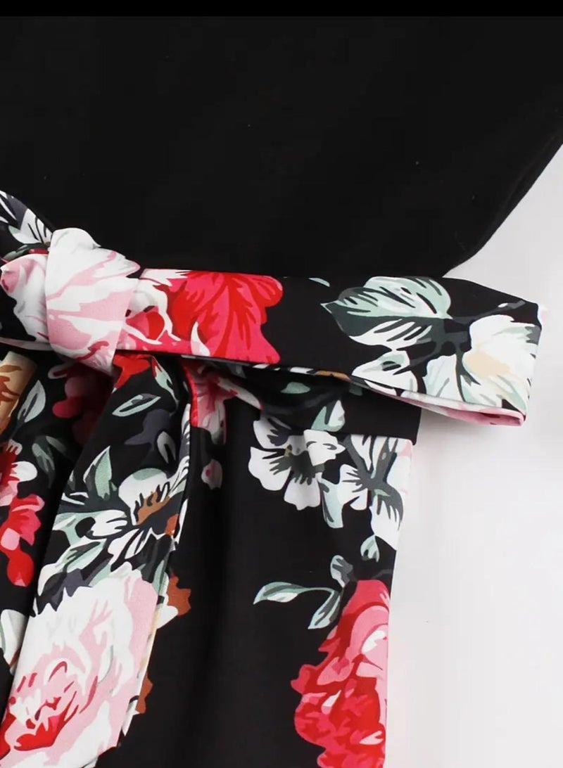 A.M Women's Elegant Long Sleeve Round Neck Printed Knee Length Casual Party Dress with Bow Waistband - Image 4