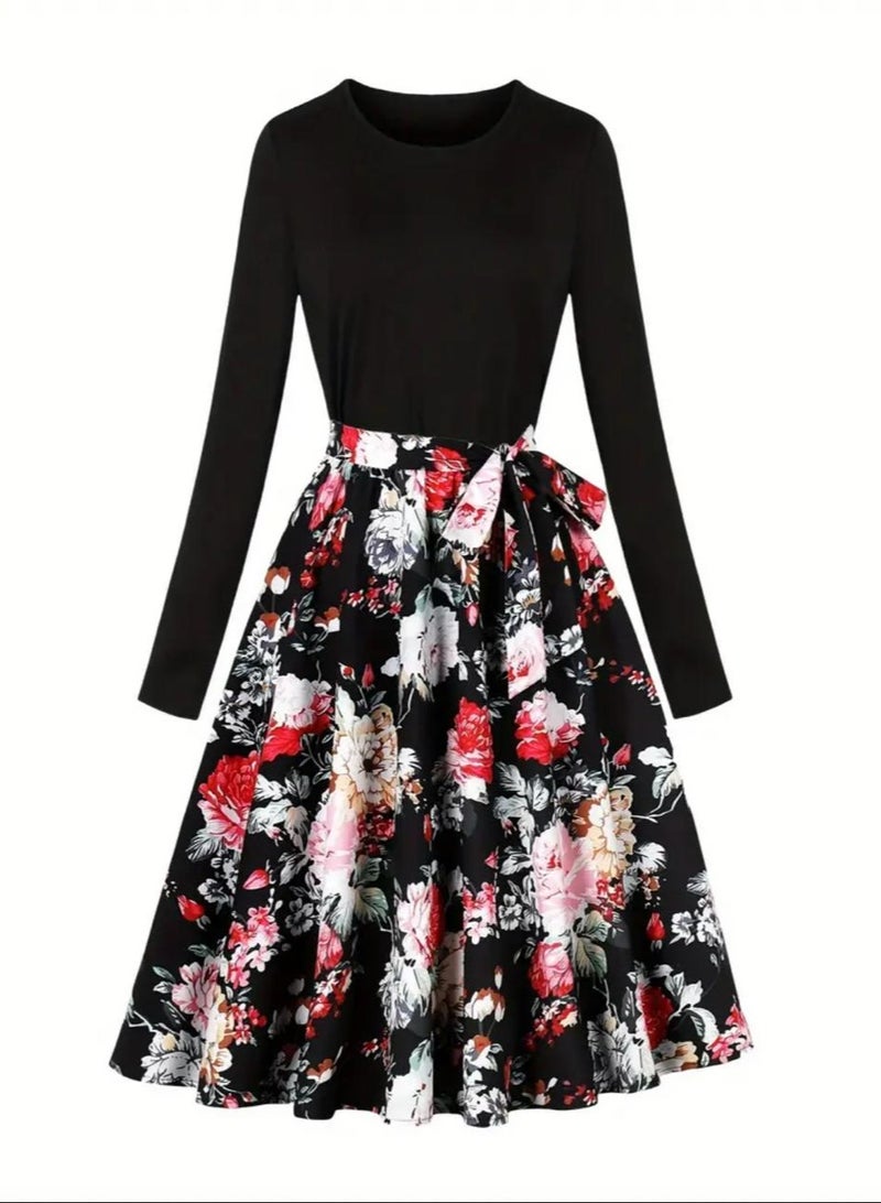 A.M Women's Elegant Long Sleeve Round Neck Printed Knee Length Casual Party Dress with Bow Waistband - Image 3