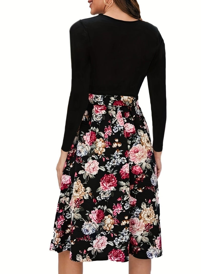 A.M Women's Elegant Long Sleeve Round Neck Printed Knee Length Casual Party Dress with Bow Waistband - Image 2