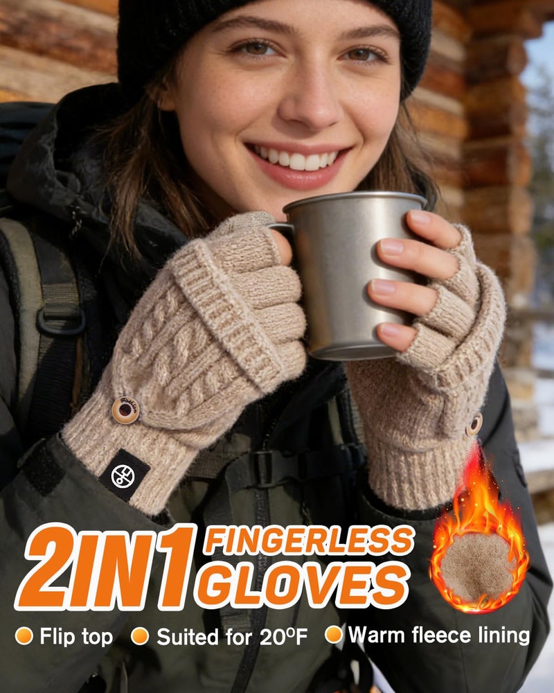MA COWCF Winter Fingerless Gloves for Women Men Warm Knitted Convertible Mittens Flap Cover - Image 2