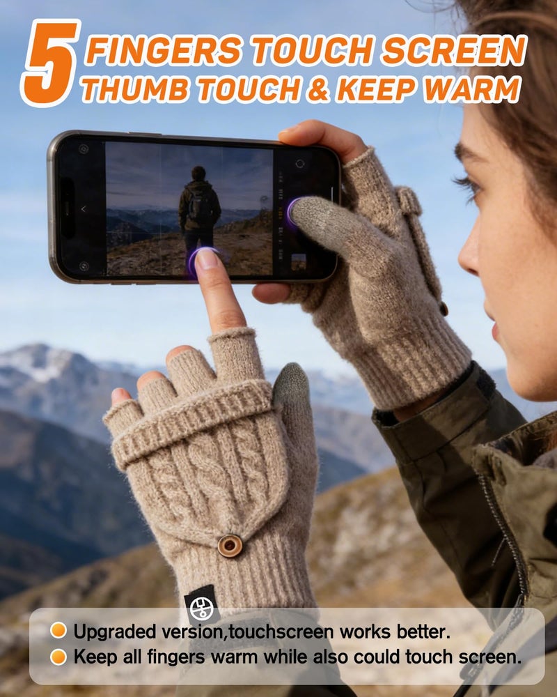 MA COWCF Winter Fingerless Gloves for Women Men Warm Knitted Convertible Mittens Flap Cover - Image 4