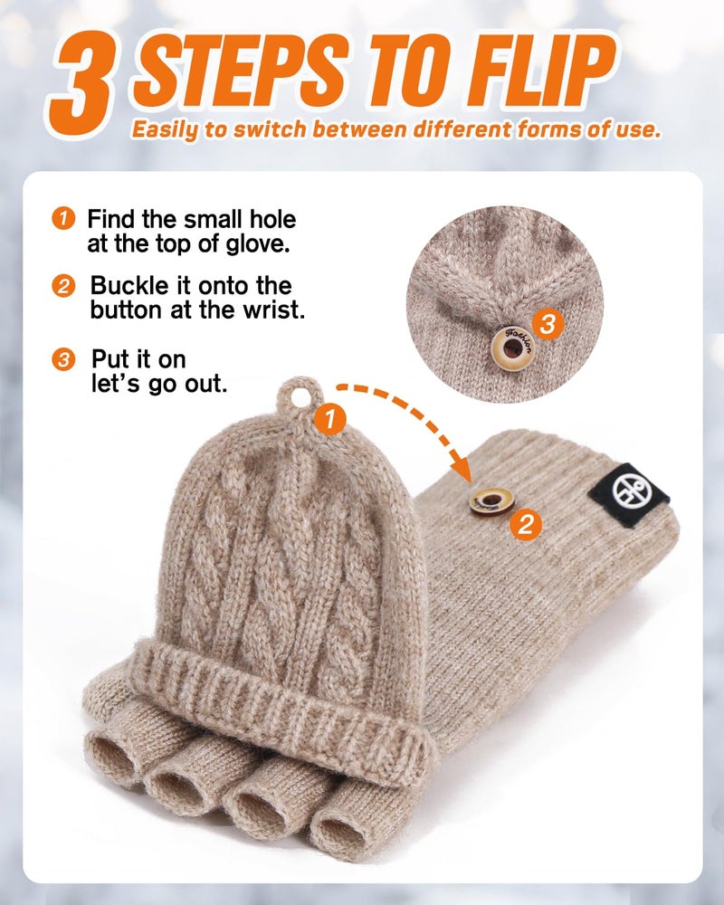 MA COWCF Winter Fingerless Gloves for Women Men Warm Knitted Convertible Mittens Flap Cover - Image 3