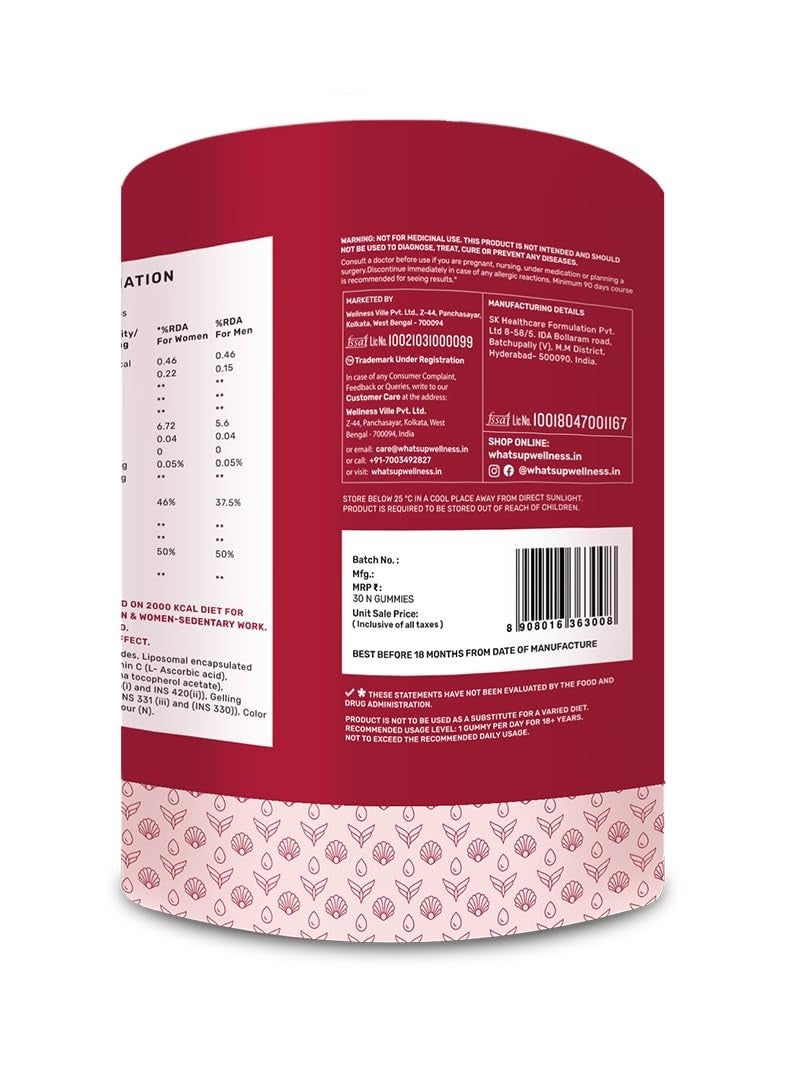 واتس أب What's Up Wellness Gluta-Glow Gummies | الجلوتاثيون الشحمي مع فيتامين C للحصول على لون بشرة متألق | تصبغ | إزالة السموم | 90 يومًا | رجال ونساء | لا يوجد سكر مضاف - Image 2